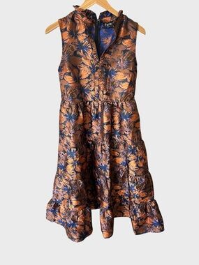 Fate ruffled  neck copper & Navy Floral Jacquard Sleeveless Party Dress